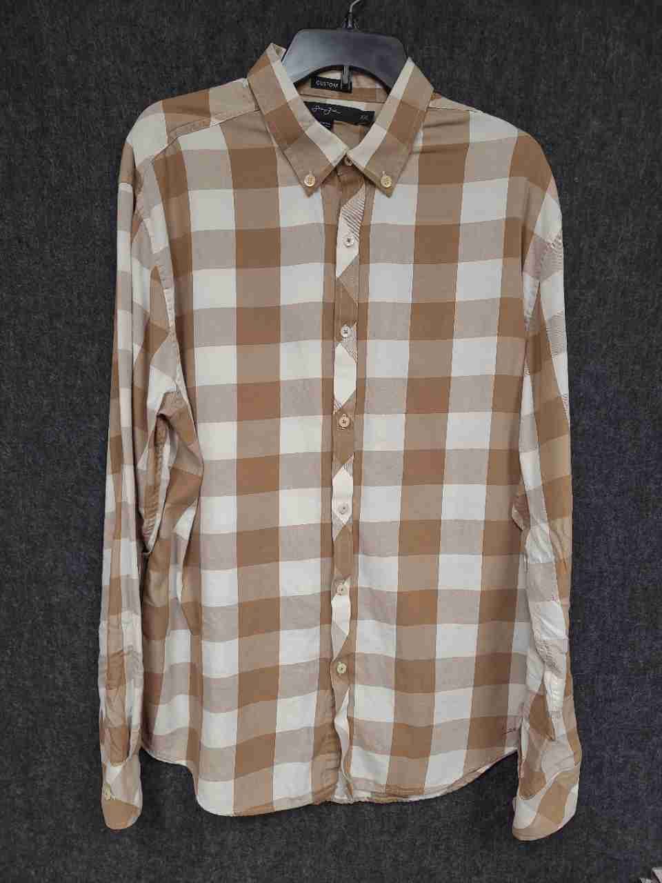 Sean John Men's Custom Fit Tan White Gingham Check Button Down Shirt Sz XXL