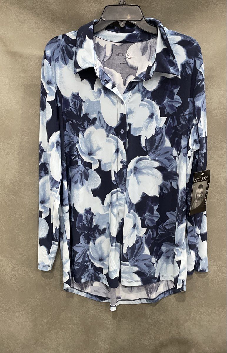 Attitudes by Renee Women's Blue White Floral Button Up Shirt Blouse Sz L NWT