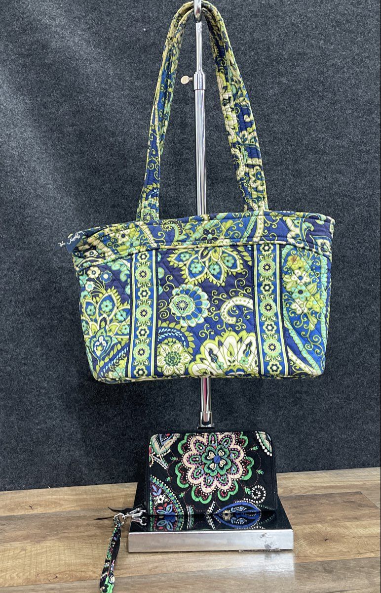 Vera Bradley Green Blue Paisley Quilted Tote Bag & Black Wallet Lot of 2
