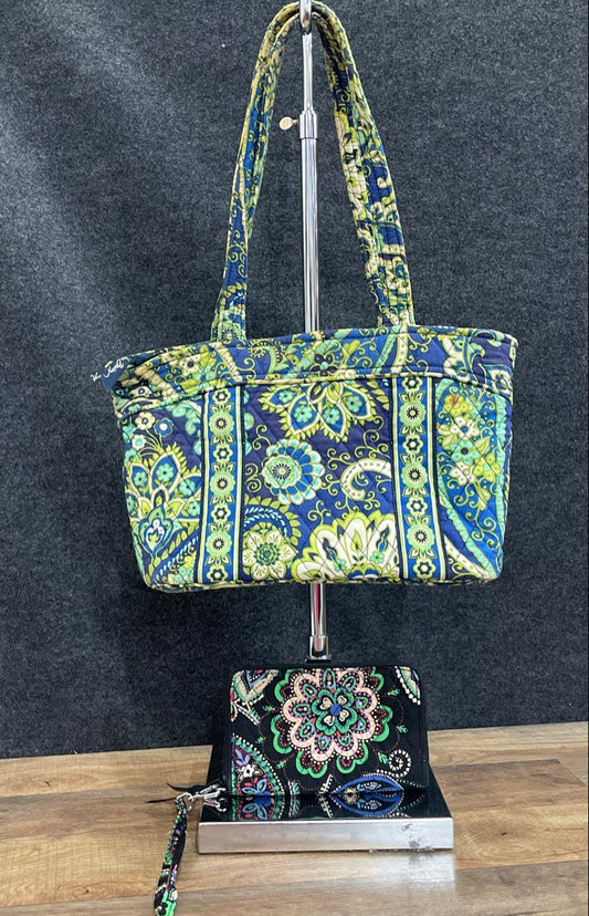 Vera Bradley Green Blue Paisley Quilted Tote Bag & Black Wallet Lot of 2