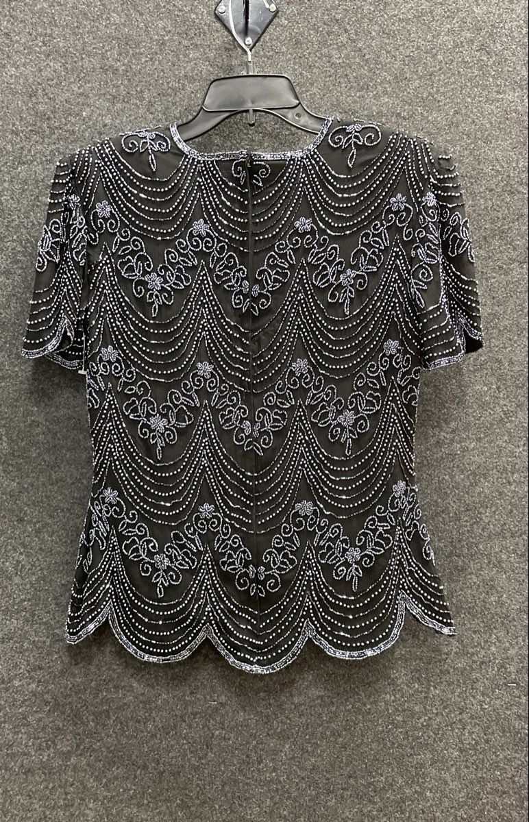 Vintage Y2K Papell Boutique Womens Black Silk Beaded Evening Top Scalloped Sz S