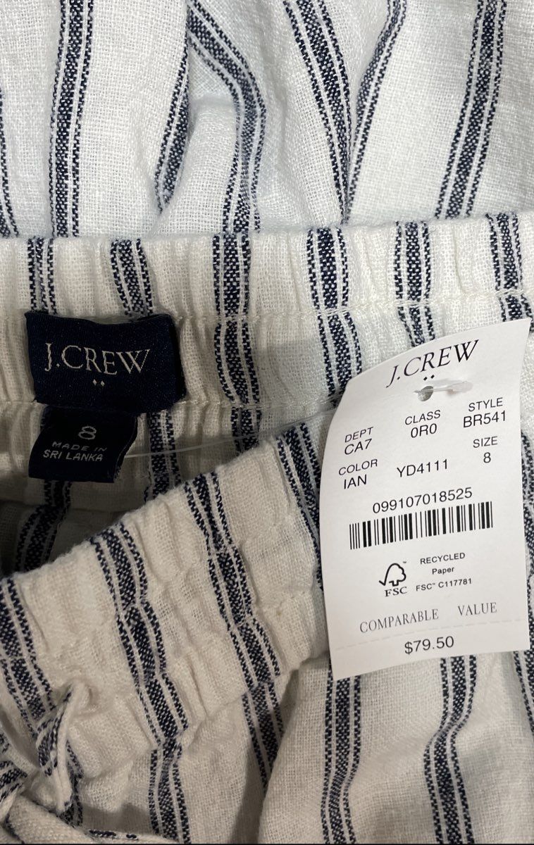 J.Crew Women's Blue White Striped Linen Cotton Re-Imagined Pants Sz 8 NWT