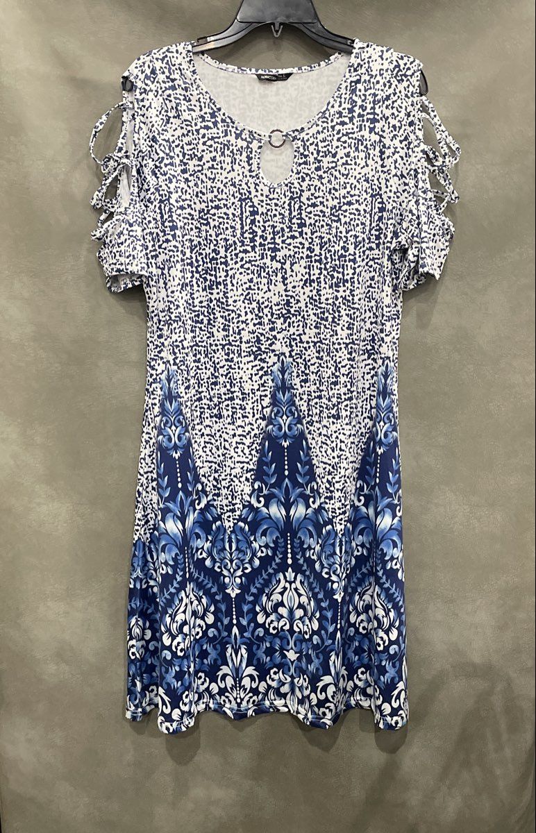 Noracora Women's Blue White Damask Print Cold Shoulder Keyhole Dress Sz L