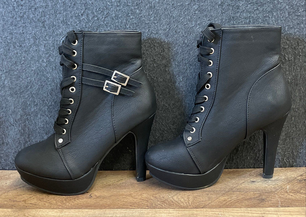 Tonglida Black Lace-Up Platform Stiletto Heel Ankle Boots Size 7.5