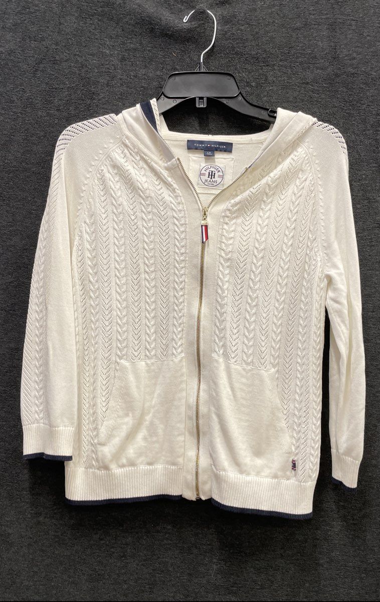 Tommy Hilfiger Jeans Women's White Cable Knit Pointelle Zip Up Hoodie Sweater L