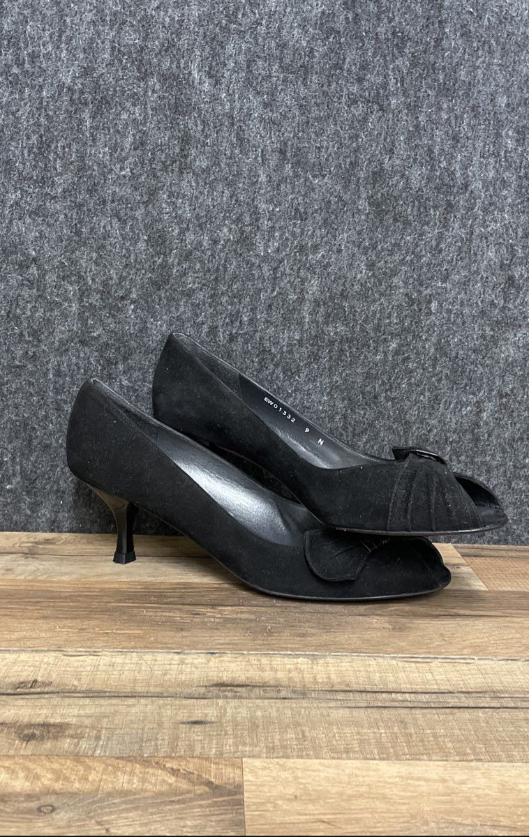 Stuart Weitzman Black Suede Peep Toe Bow Kitten Heel Pumps Spain Size 9 N