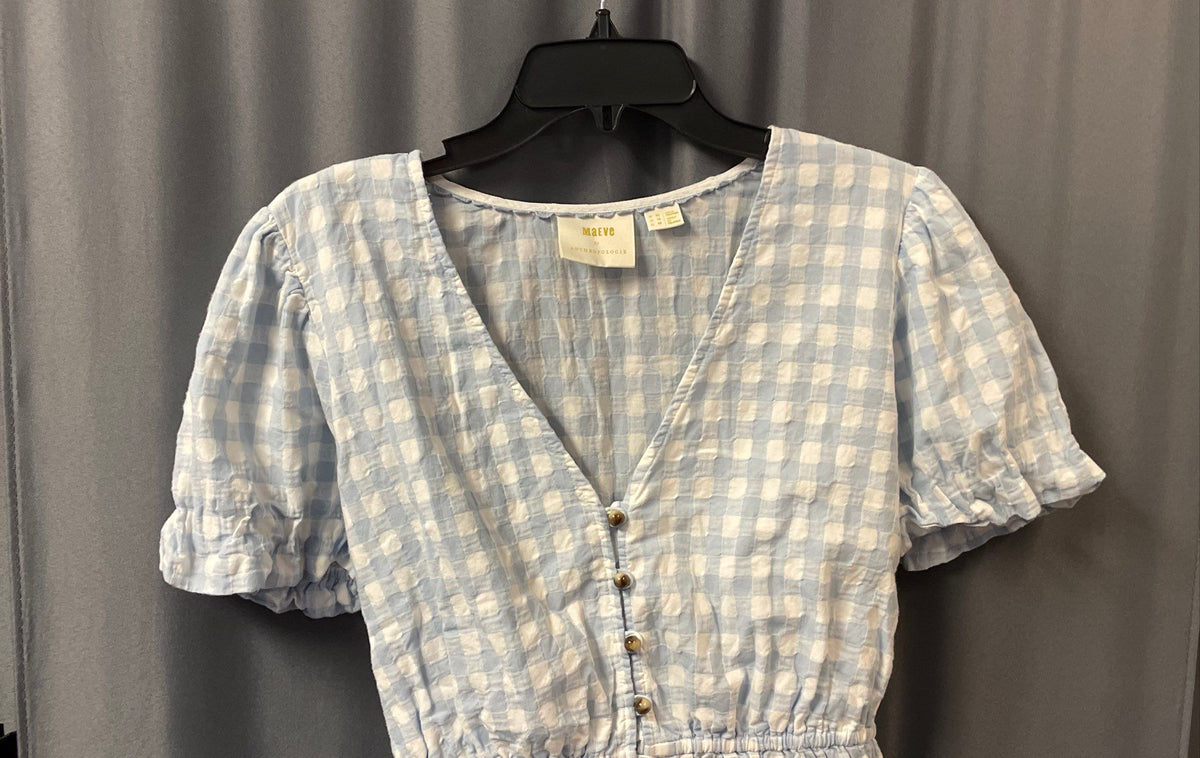 Maeve Anthropologie Women's Blue White Gingham Peplum Tie Back Top Sz 16