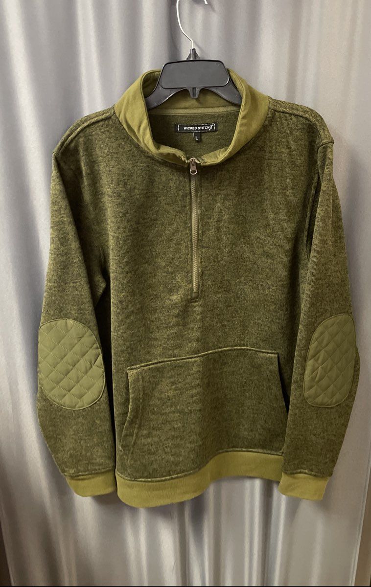 Wicked Stitch Men's Green Heathered 1/2 Zip Pullover Quilted Elbow Patches Sz L