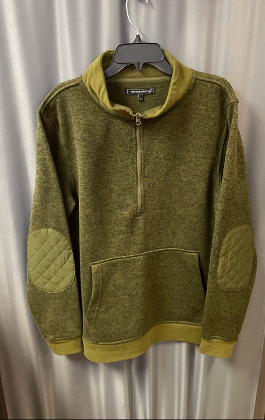 Wicked Stitch Men's Green Heathered 1/2 Zip Pullover Quilted Elbow Patches Sz L