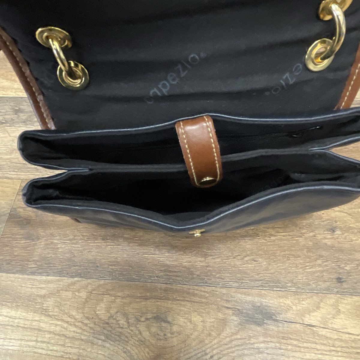Vintage 80s Capezio Navy Blue Brown Leather Crossbody Bag Gold Hardware