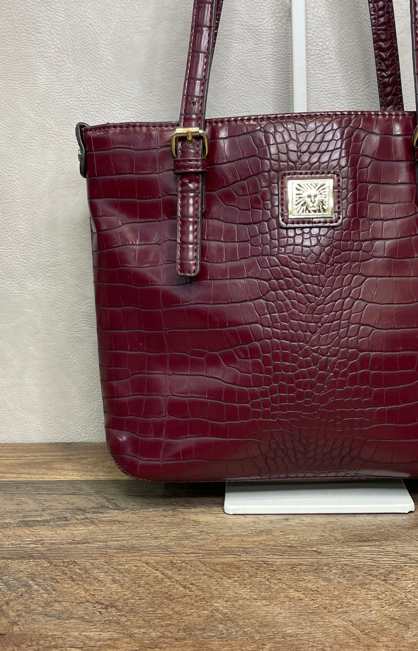 Anne Klein Burgundy Croco Embossed Faux Leather Shoulder Tote Bag Gold Tone