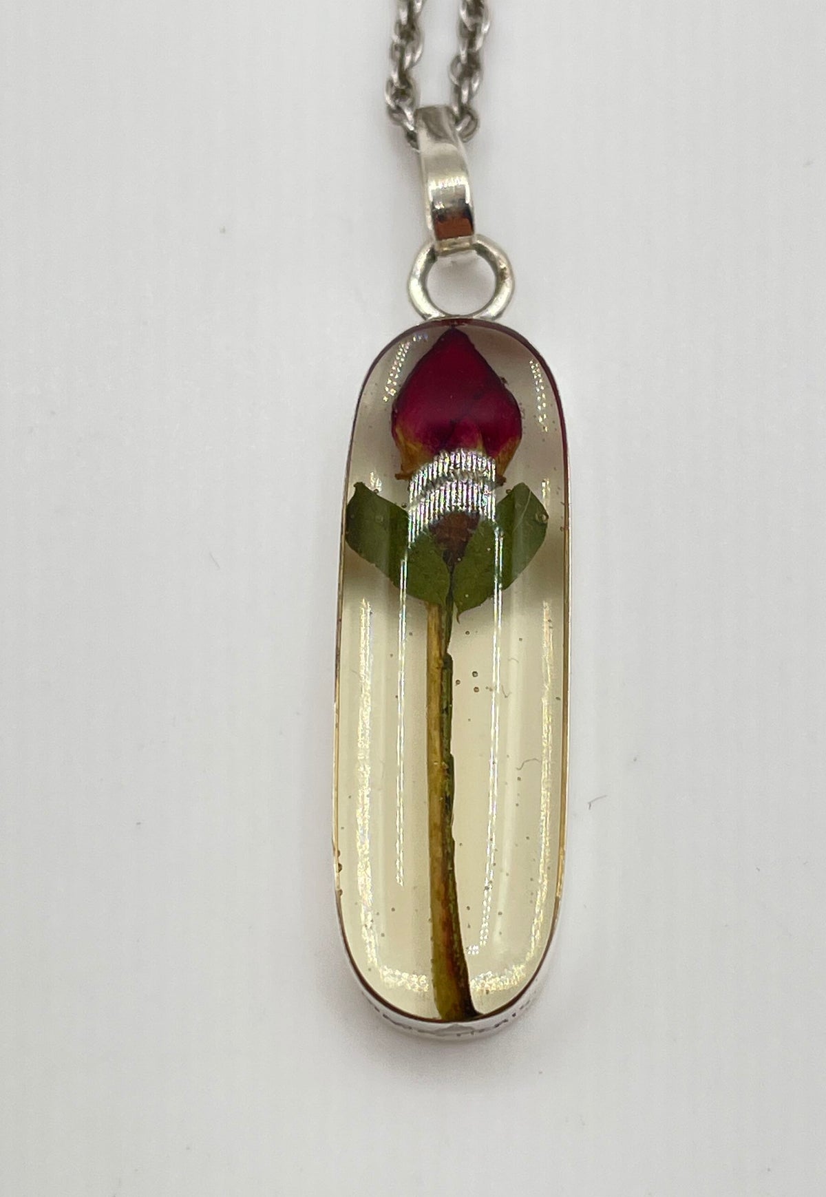 925 Sterling Silver Resin Red Rosebud Pendant W/ Rope Chain Necklace 3.9g