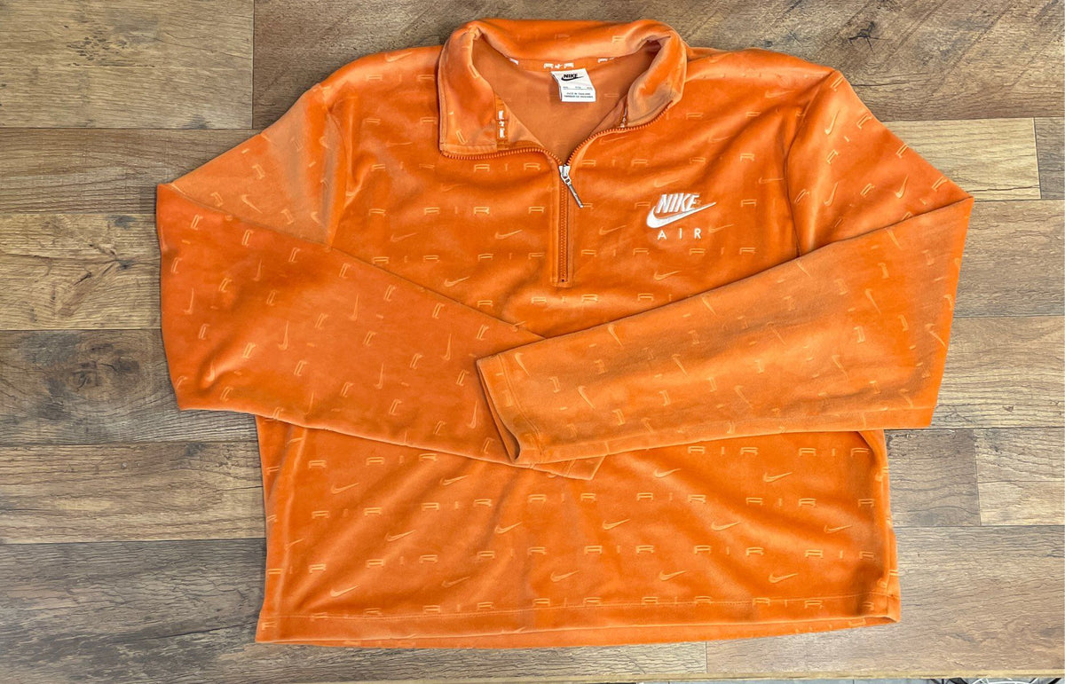 Nike Women's Air Velour Quarter Zip Pullover Jacket Orange Embossed Logo Sz XXL