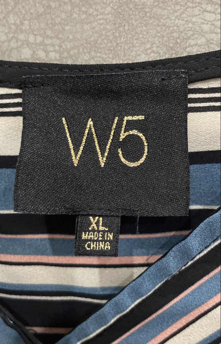 W5 Women's Blouse Blue White Pink Black Striped Wrap Front 3/4 Sleeve XL