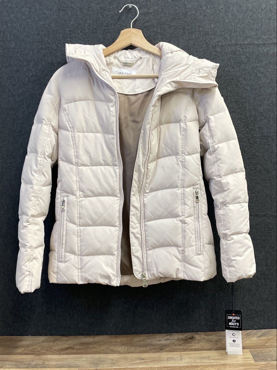 Calvin Klein Women's Off-White Quilted Hooded Down Blend Puffer Coat Sz XXS NWT