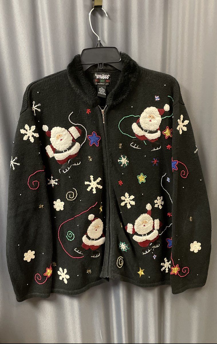 Vintage Y2K Designers Originals Studio Women's Black Santa Christmas Cardigan 2X