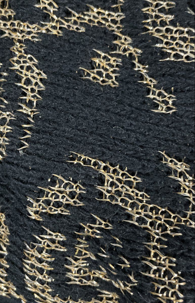 Vintage 70s SallyGee Women's Cardigan Sweater Black Gold Metallic Floral Open