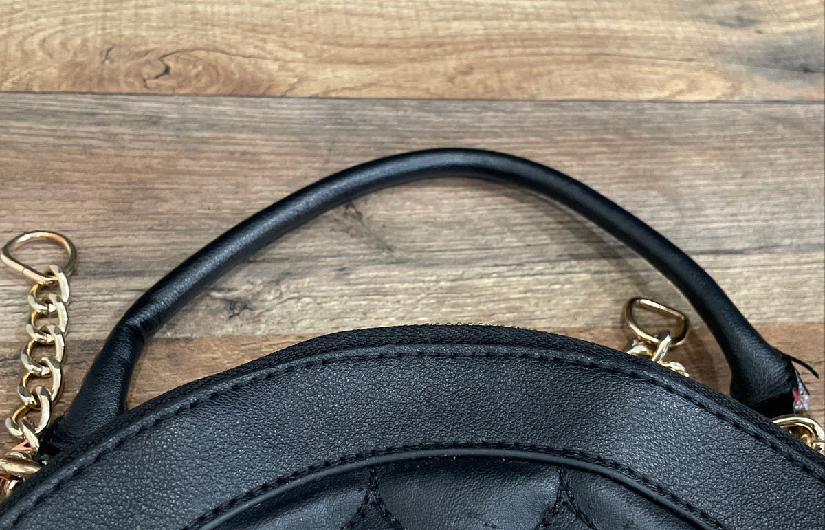 Juicy Couture Black Leather Quilted Heart Mini Dome Top Handle Purse Gold Tone