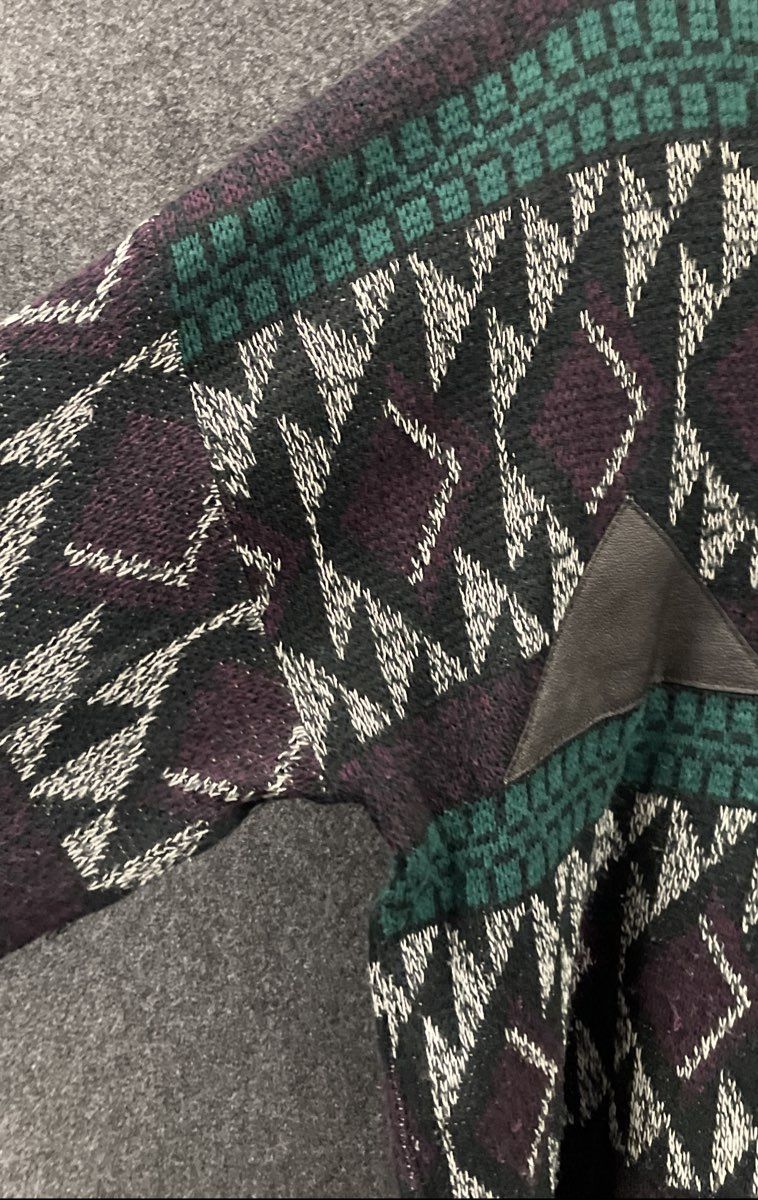 Vintage 90s Impact Men's 2X Geometric Sweater Green Purple Leather Trim Acrylic