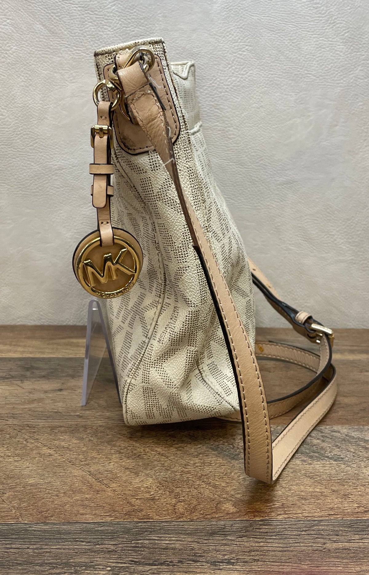 Michael Kors Vanilla Signature Monogram Crossbody Bag Gold Hardware