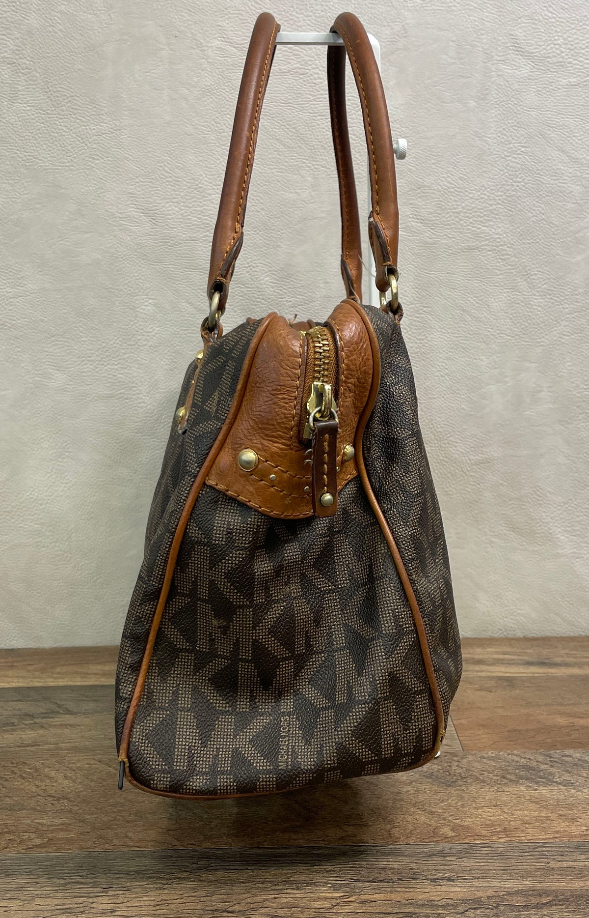 Michael Kors Brown Monogram Canvas Satchel Handbag Gold Hardware