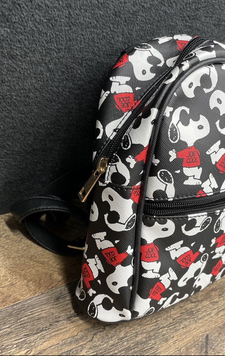 Peanuts Joe Cool Snoopy Mini Backpack Black Faux Leather Gold Tone Hardware