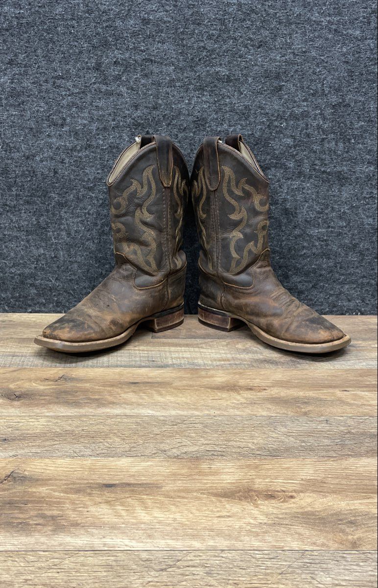 Old West Dark Brown Leather Square Toe Western Cowboy Boots Kids Size 2