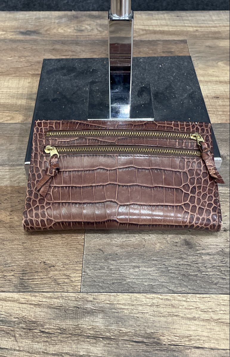 Alicia Klein Brown Croc Embossed Leather Long Wallet Organizer Clutch