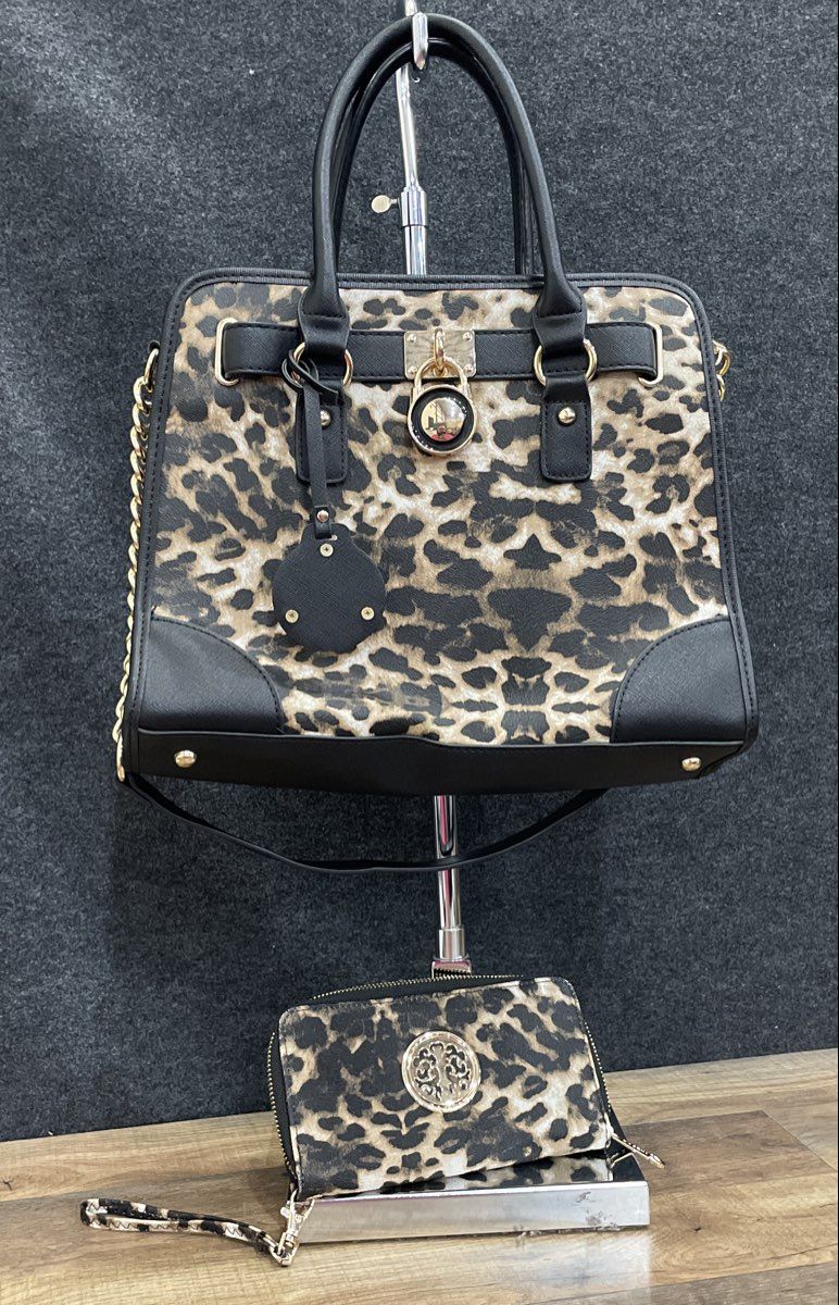 Dasein Cheetah Print Black Leather Satchel Purse and Wallet Set Lot of 2