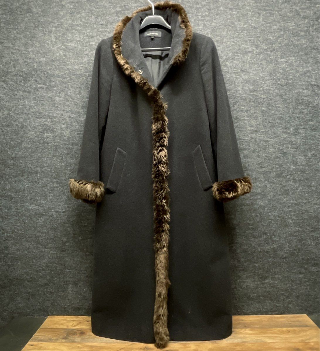 Jones New York Women's Black Long Overcoat Faux Fur Trim Snap Closure Size 10