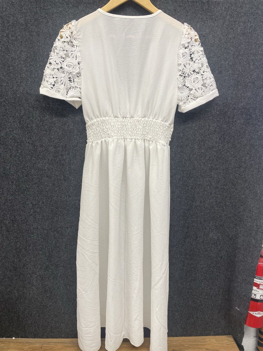 Shein Women's White Short Sleeve V Neck Midi Dress Floral Lace Sleeves Sz S