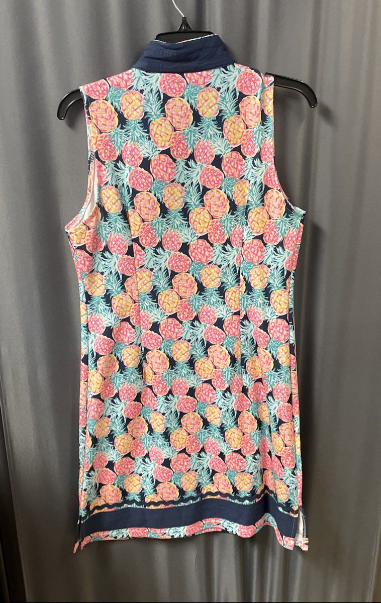 Simply Southern Women's Pineapple Tunic Dress Pink Navy Sleeveless Rickrack Sz S