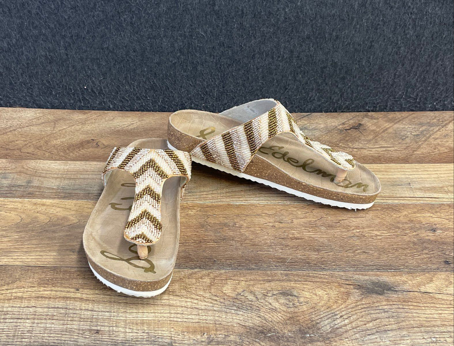 Sam Edelman Olivie Beaded Chevron Gold White Thong Sandals Women's Size 6
