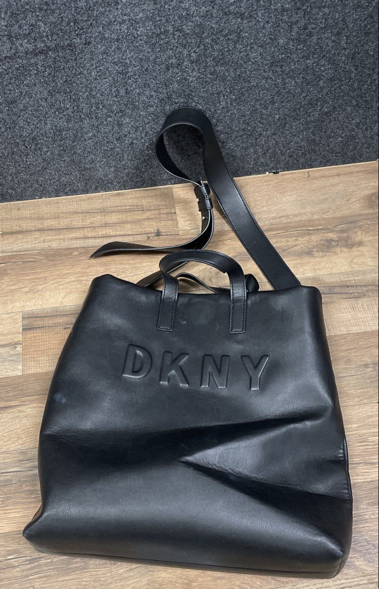 DKNY Black Leather Embossed Logo Large Tote Bag Crossbody Silver Hardware