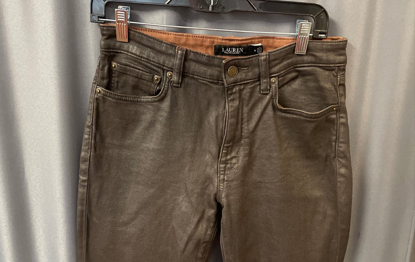 Lauren Ralph Lauren Women's Brown Coated Metallic Skinny 5-Pocket Jeans Sz 6