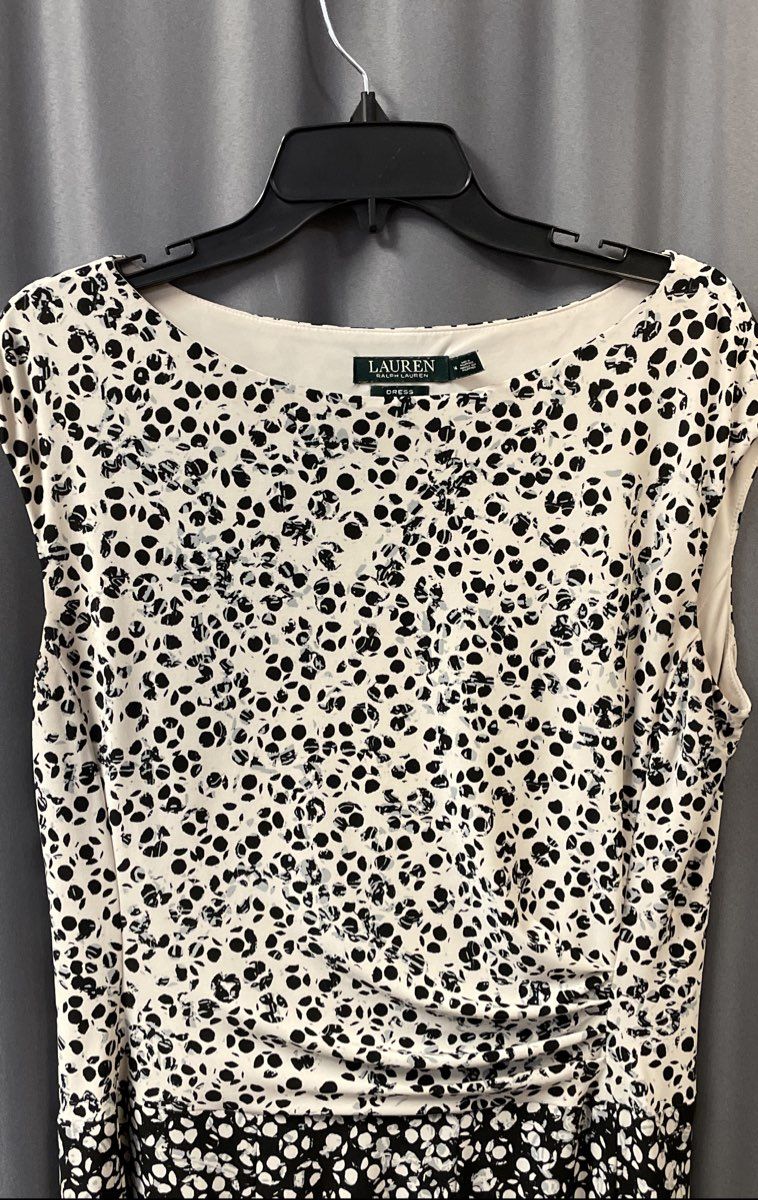 Lauren Ralph Lauren Women's Black White Blue Floral Ruched Jersey Dress Sz 14