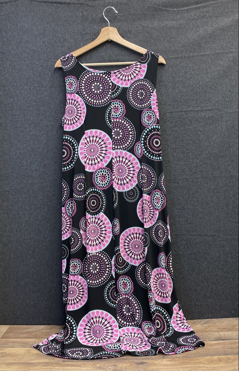 Robbie Bee Women's Black Pink Mandala Geometric Maxi Dress Ruched Side Sz PXL