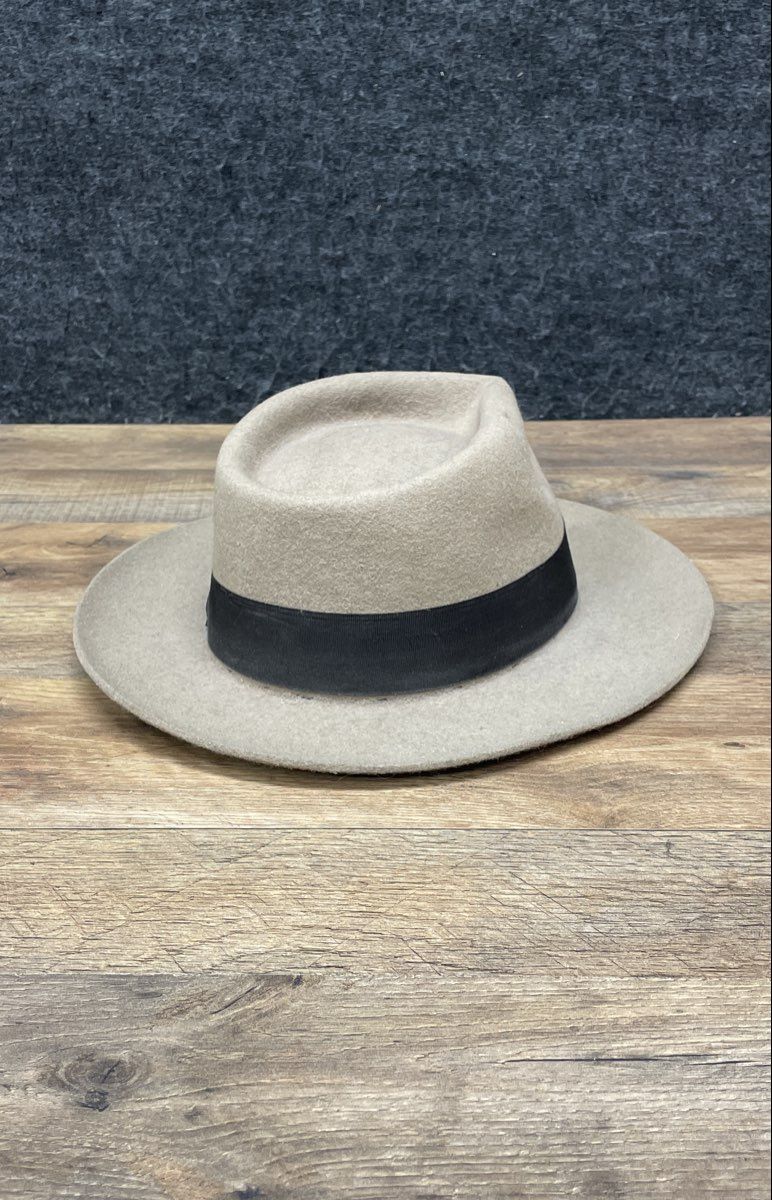 Unisex Fedora Hat Beige Tan Wide Brim Felt Black Grosgrain Ribbon Band
