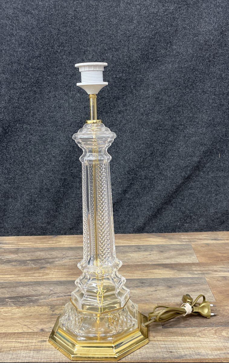Vintage Glass Column Table Lamp Brass Base Hollywood Regency Style