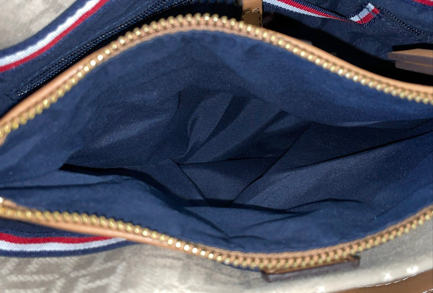Tommy Hilfiger Tan Monogram Jacquard Crossbody Tote Bag Gold Tone Hardware