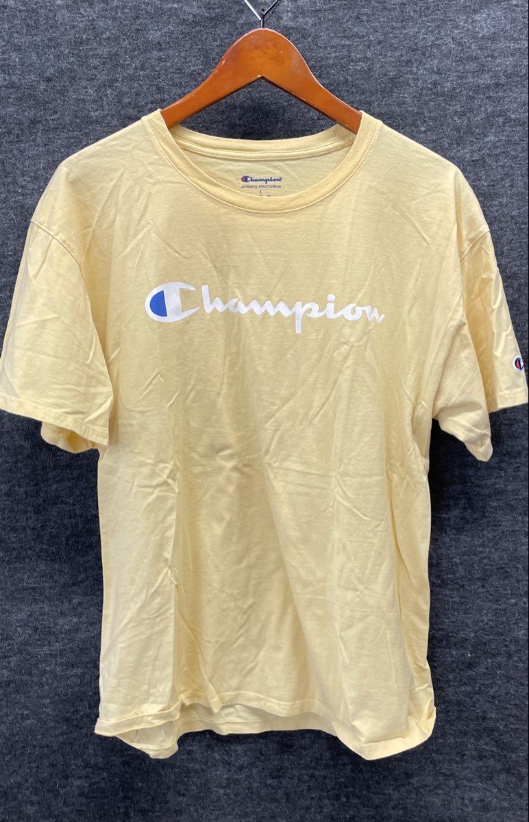 Champion Men's Yellow Script Logo Short Sleeve Crewneck T-shirt Size L