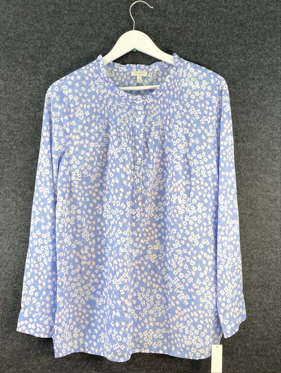 Talbots Women's Light Blue White Floral Pintuck Ruffle Blouse Sz M NWT