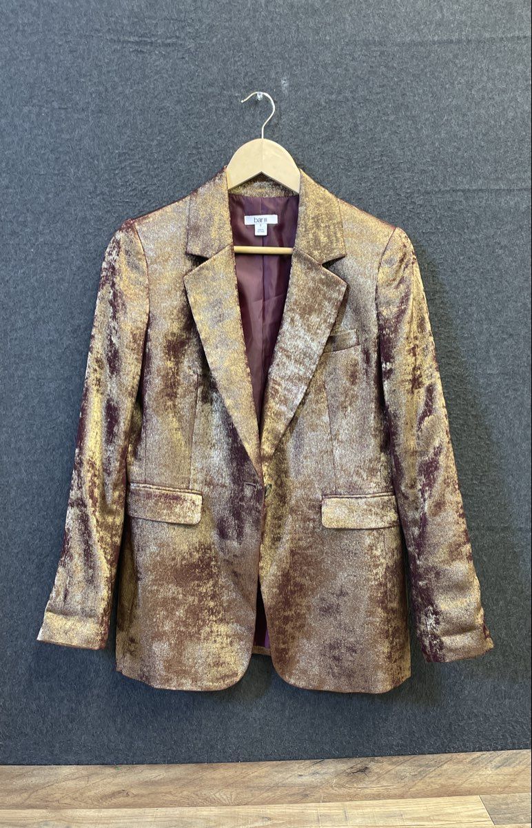Bar III Women's Blazer Metallic Gold Burgundy Distressed Crest Button Sz 6