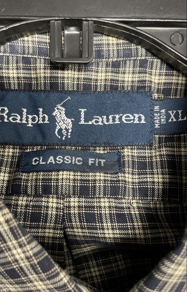 Ralph Lauren Classic Fit Plaid Button Down Shirt Long Sleeve Navy Tan Sz XL