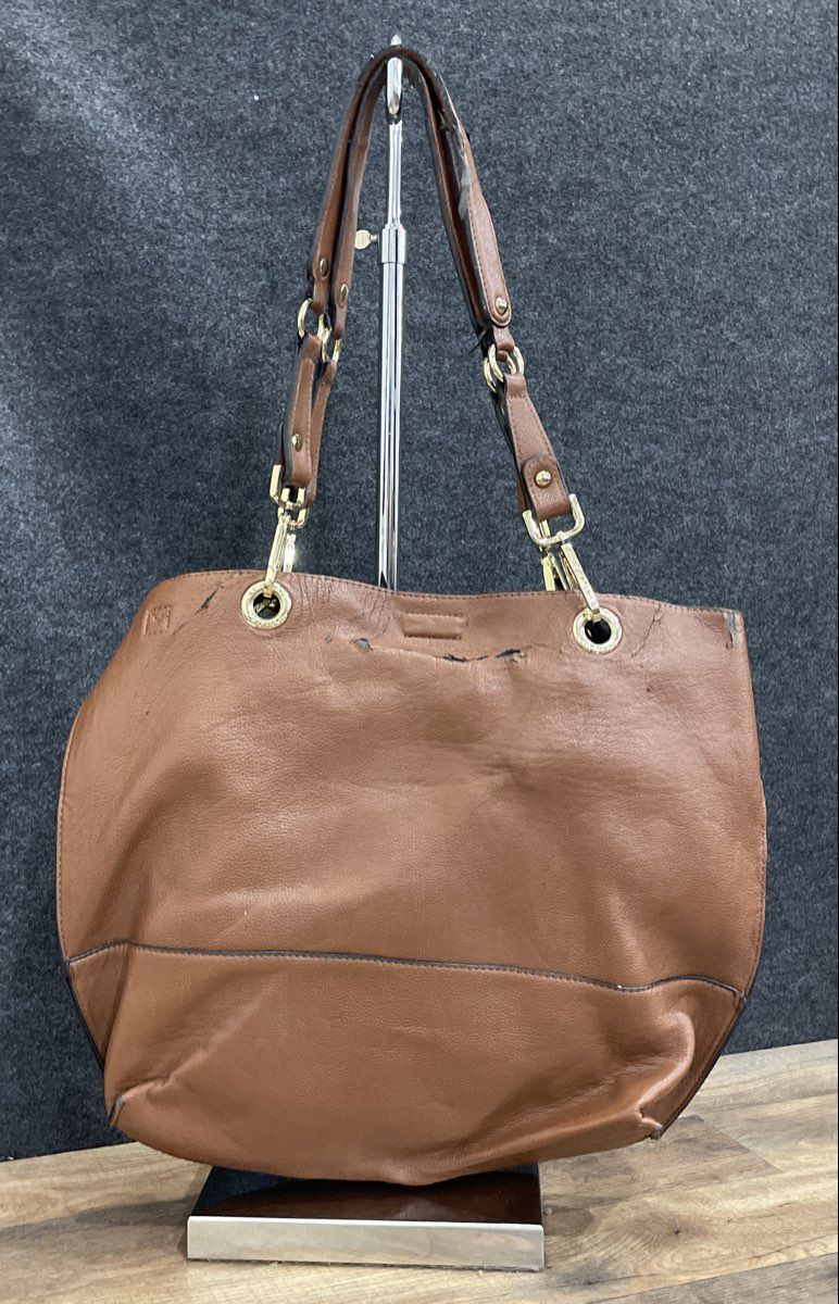 Calvin Klein Brown Pebbled Leather Tote Bag with Removable Pouch Gold Tone