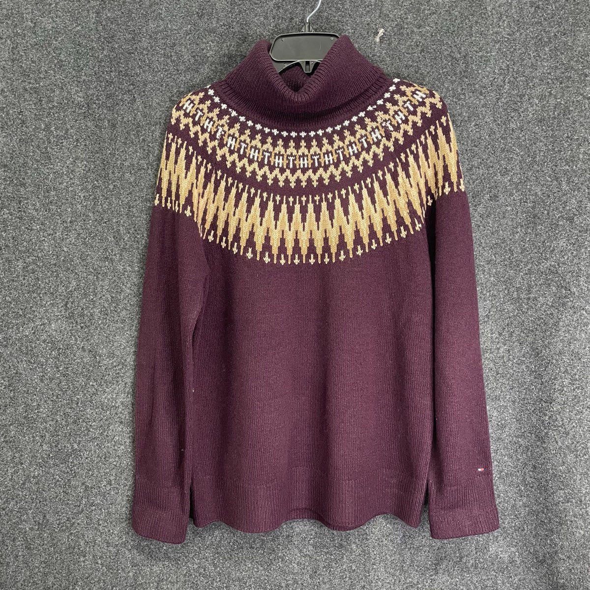 Tommy Hilfiger Women's Burgundy Fair Isle Yoke Turtleneck Knit Sweater Sz L