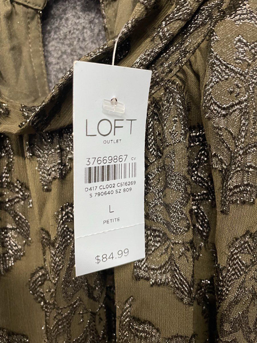 Loft Women's Dark Green Shimmery Mock Neck Shift Dress Metallic Size Large NWT