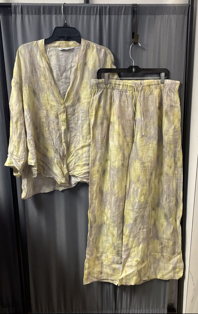 Zara Women's 2-Piece Set Yellow Gray Watercolor Shirt Wide Leg Pants Sz XL