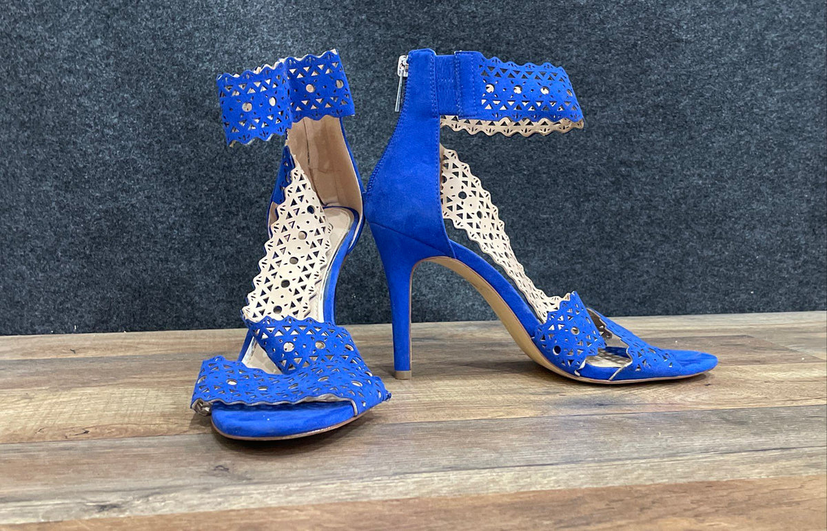 Jessica Simpson Blue Laser Cut Perforated Ankle Strap Stiletto Heels Size 8.5