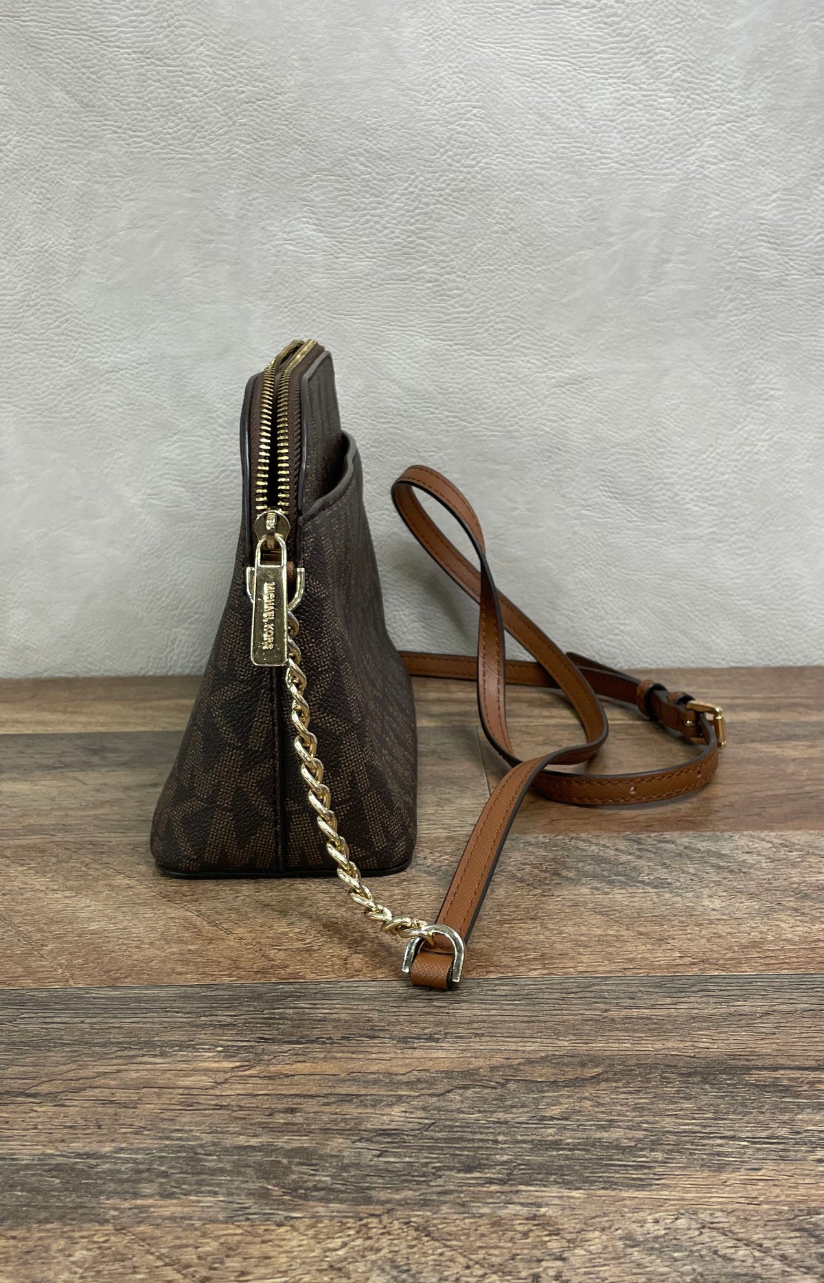Michael Kors Brown Jet Set Travel Logo Dome Crossbody Bag Gold Hardware